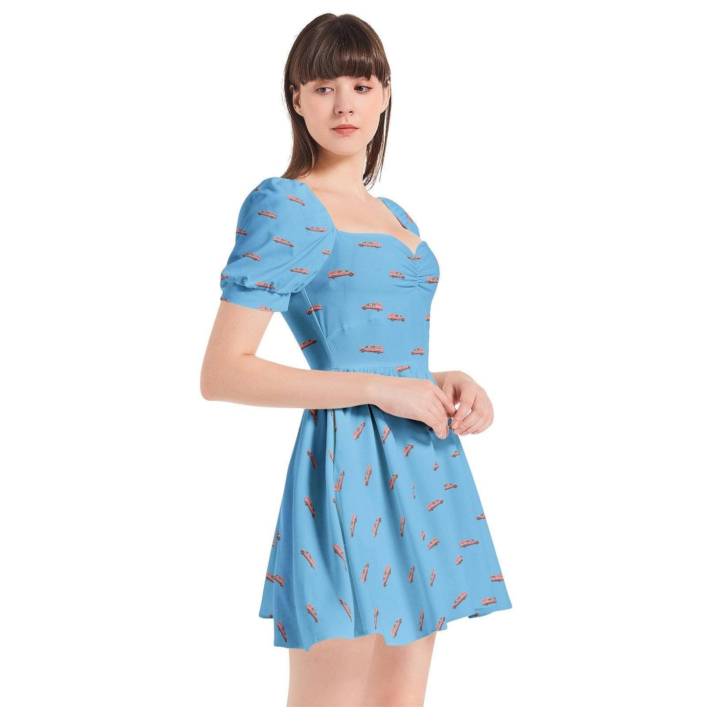 Puff Sleeve Sweetheart Neck Short Dress - Pink Hearse on Baby Blue - death, funeral, goth, hearse Dress