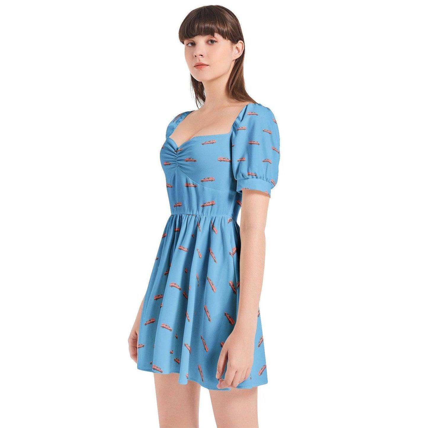 Puff Sleeve Sweetheart Neck Short Dress - Pink Hearse on Baby Blue - death, funeral, goth, hearse Dress