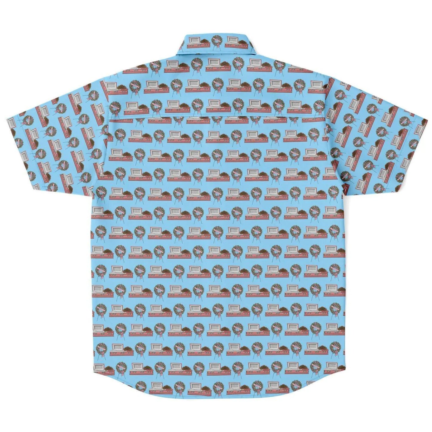 Pink Rose Casket and Wreath on Light Blue - Button Up Tee - button down, Casket, Coffin, death, funeral, funeral director Short Sleeve Button Down Shirt - AOP