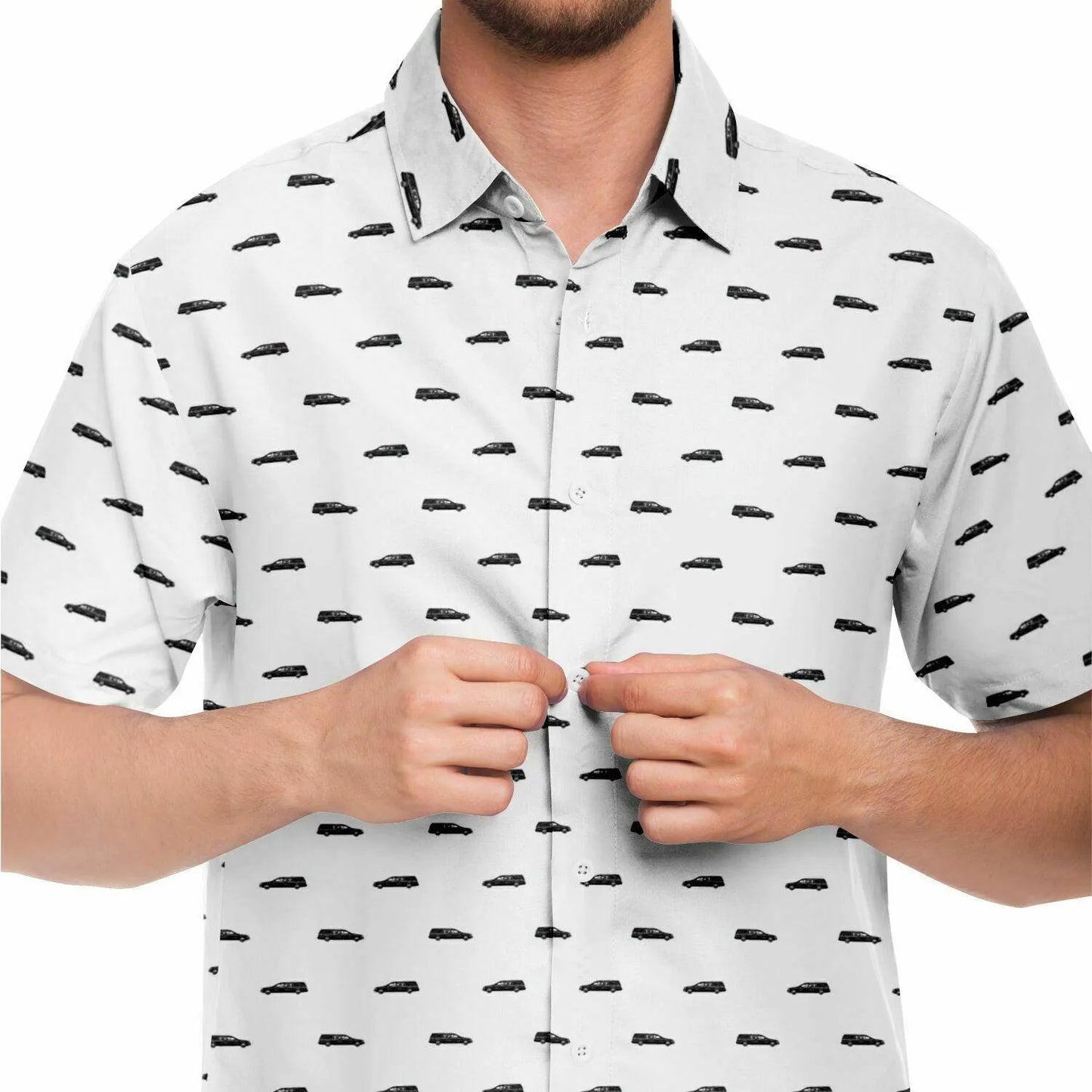 Subtle-Tee Black Hearse on White - button down, button up, funeral director, Hearse Short Sleeve Button Down Shirt