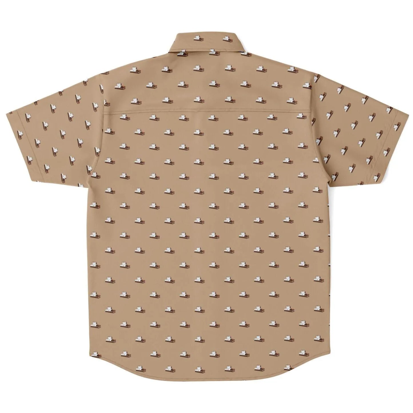 Back view of a light brown button down shirt featuring a dark brown metal modern coffin with an open lid. It is a dark brown open casket pattern