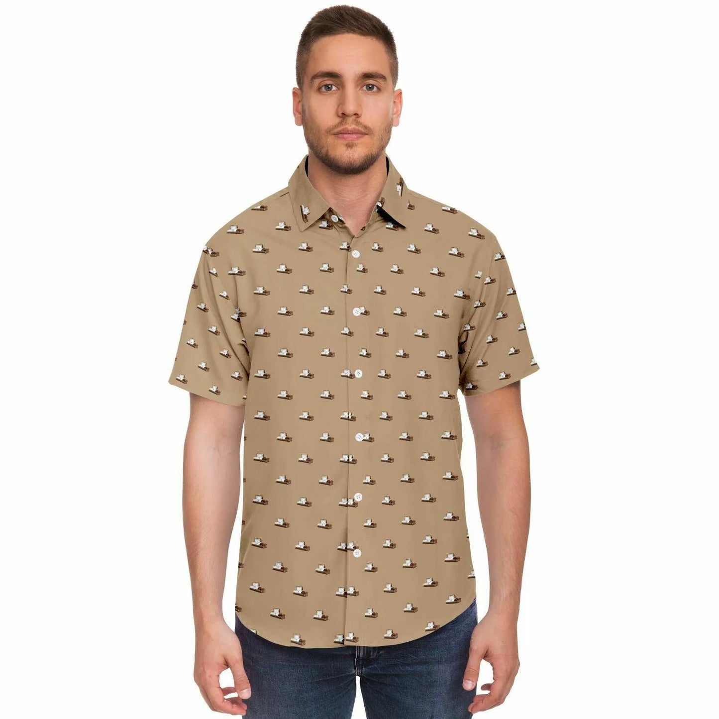 Front view of model wearing a light brown button down tee with a brown coffin pattern. The coffin is a metal open casket.
