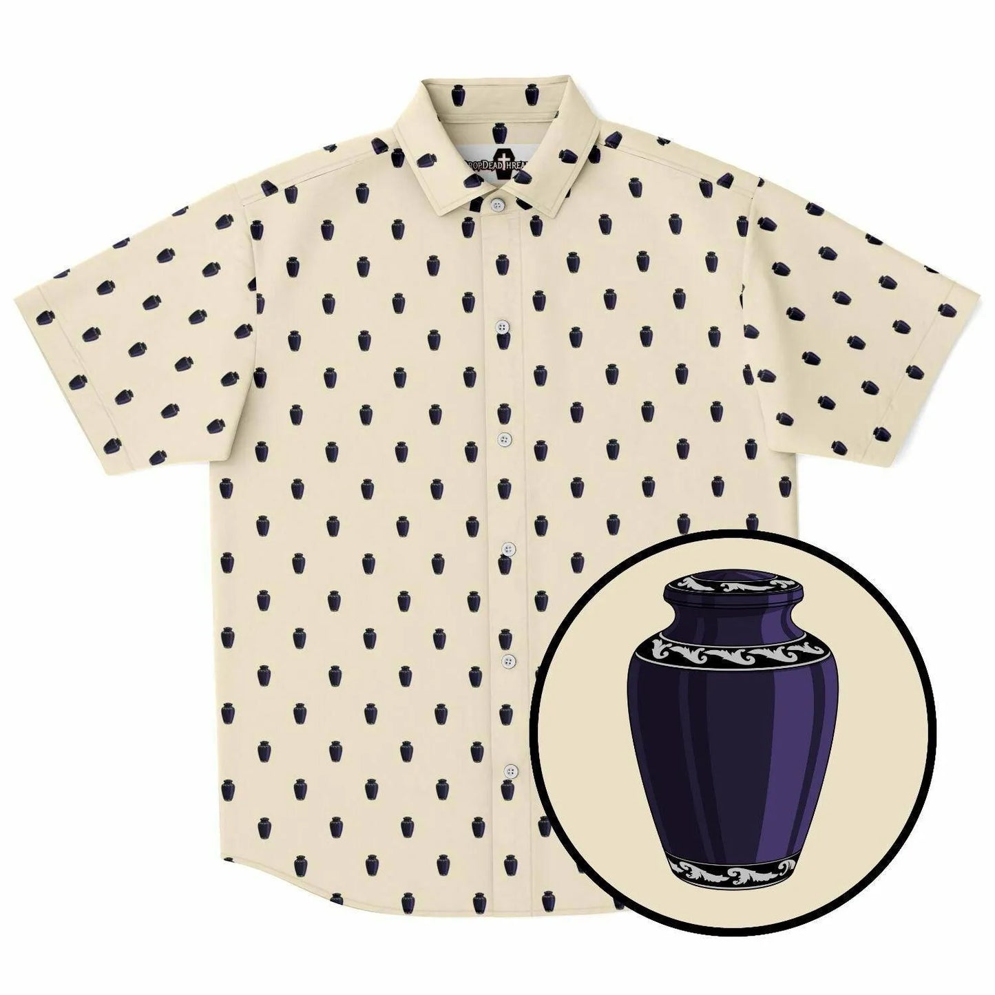Papaya whip or light pastel orange color button up short sleeve shirt featuring a dark purple brass vase style urn pattern. Front view.
