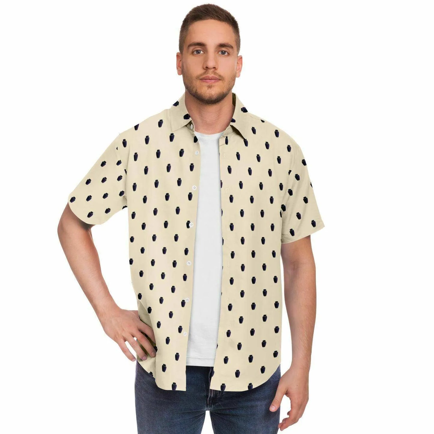model wearing a papaya whip color button up short sleeve tee. The button down is open and features a dark purple cremation urn pattern