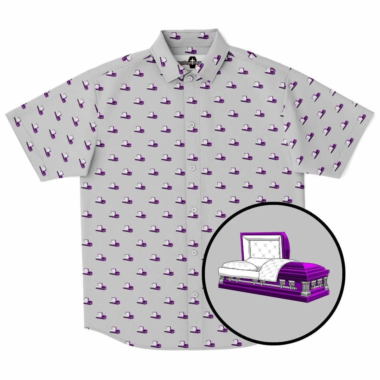 Light grey button up short sleeve shirt featuring a purple coffin pattern. Front view.