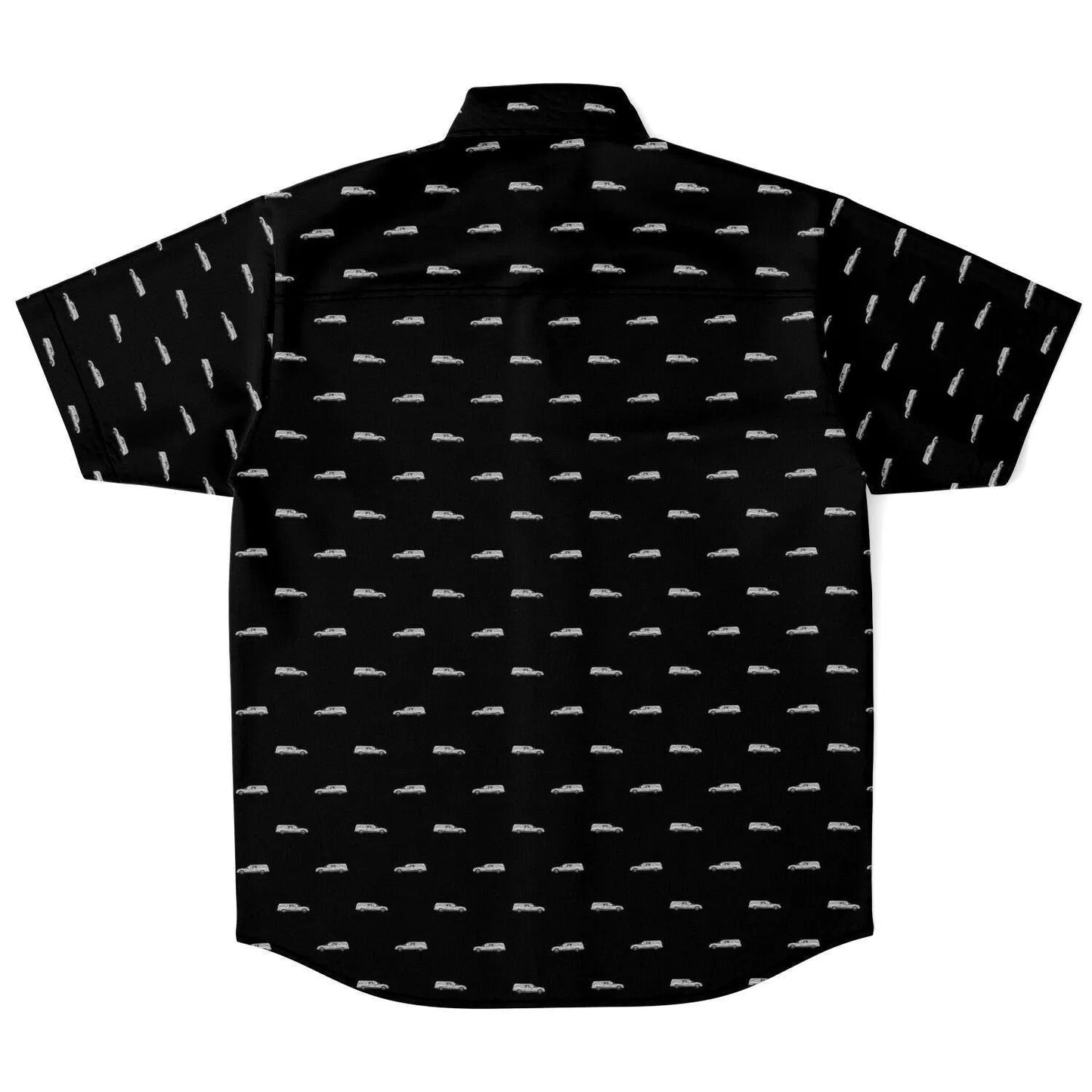 Black button down tee featuring silver funeral hearse pattern. back view
