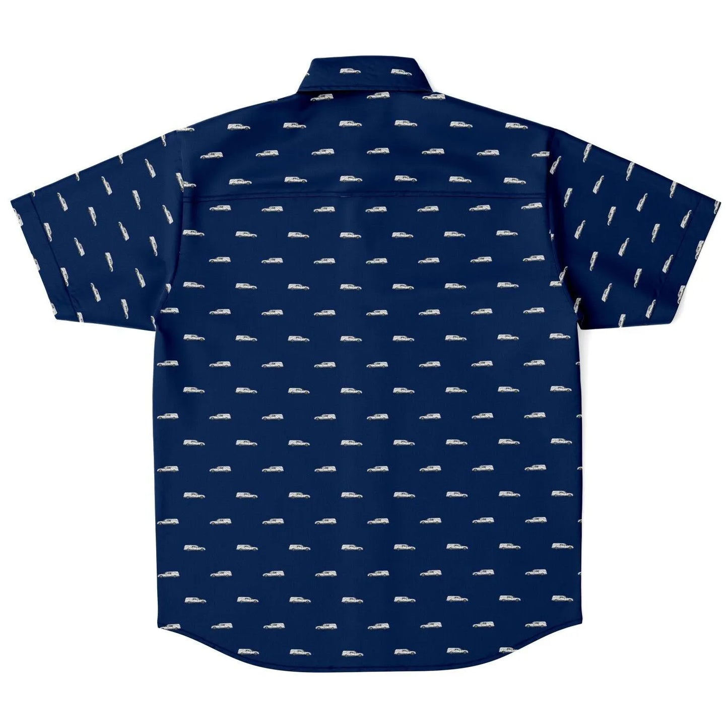Navy dark blue button down tee shirt with white funeral hearse pattern. Back view