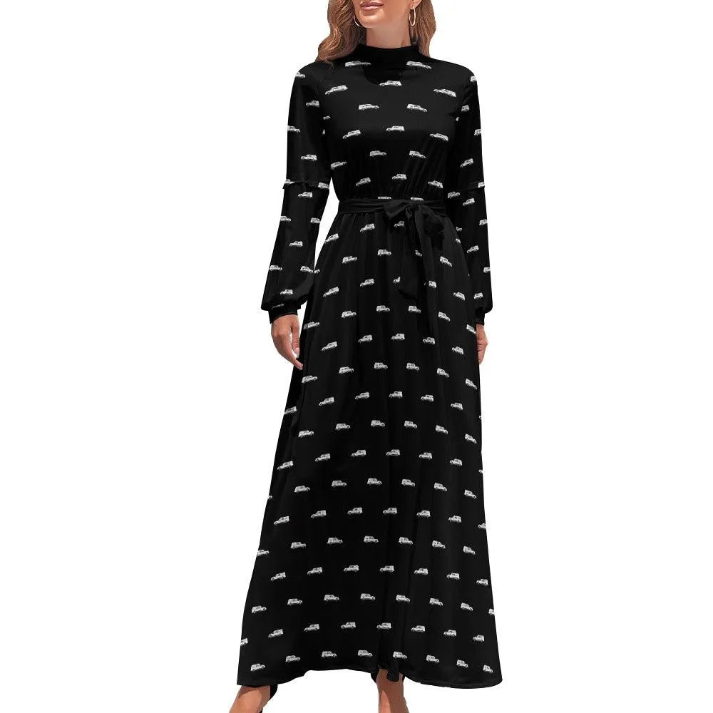 White Hearse on Black - High Collar Long Sleeve Dress -