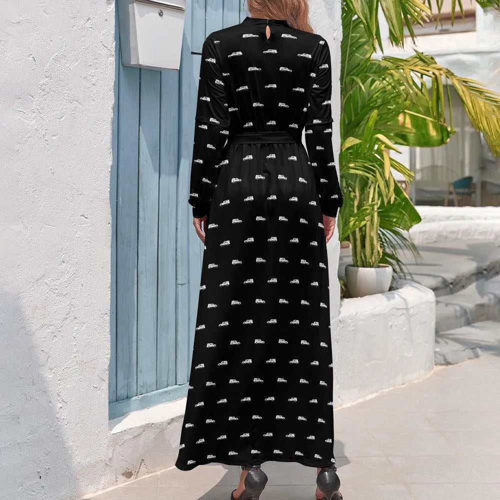 White Hearse on Black - High Collar Long Sleeve Dress -
