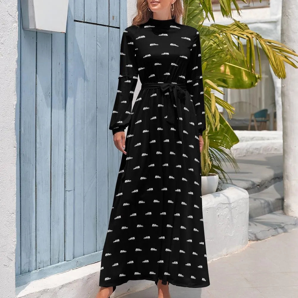 White Hearse on Black - High Collar Long Sleeve Dress -