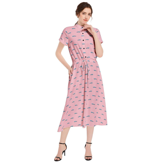 Light Blue Hearse on Pink - Waist A-line Flared Midi Dress - Funeral, funeral directing, funeral director, funeral home, funerals, Hearse, mortician Dress