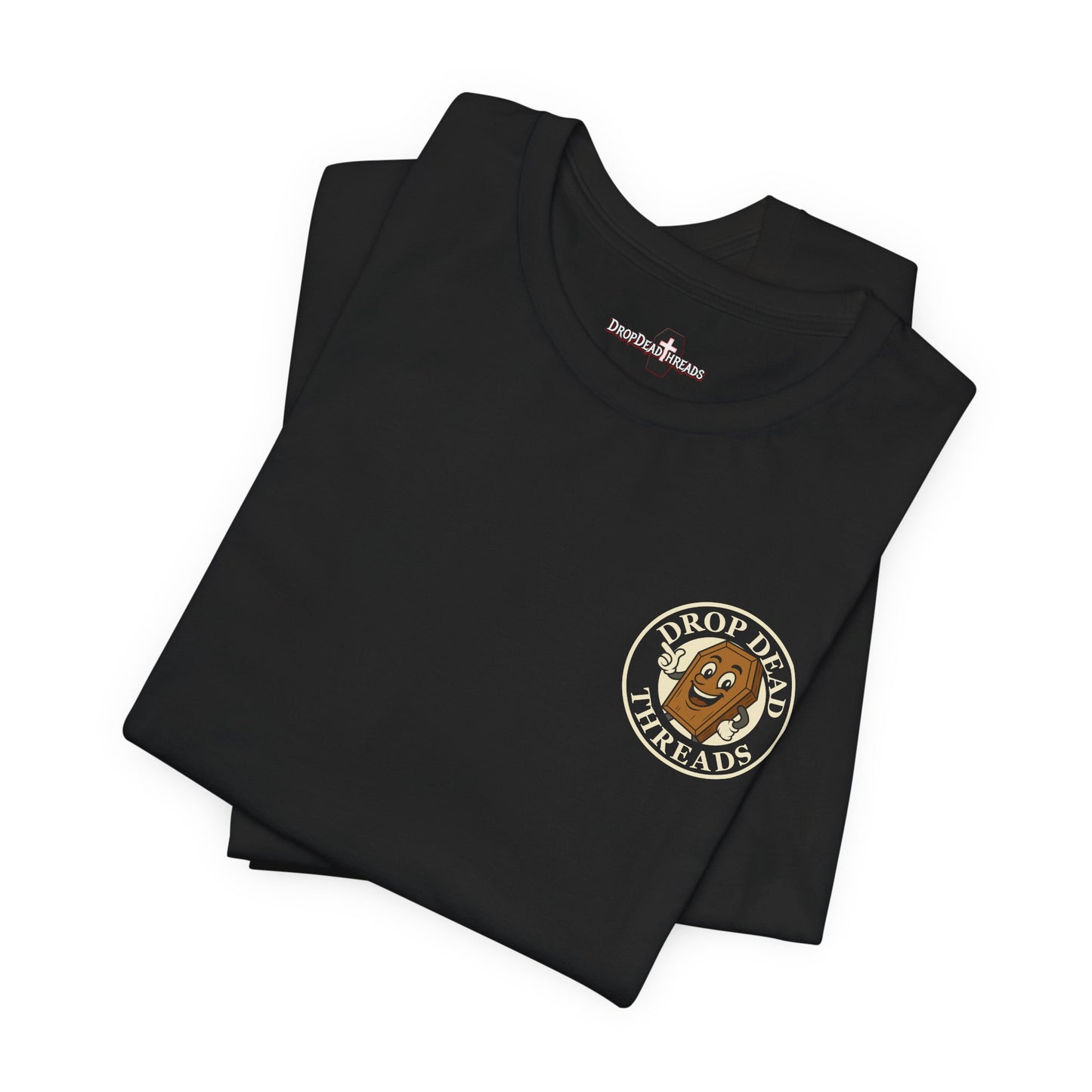 Black t-shirt with 'Drop Dead Threads' logo on a white background