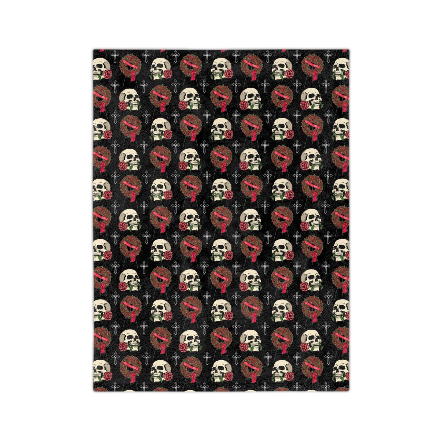 Skull & Red Rose Wreath - Velveteen Minky Throw Blanket - Blankets, flowers, funeral, funeral director, goth, Home & Living, mortician, roses, skeleton, skull Home Decor