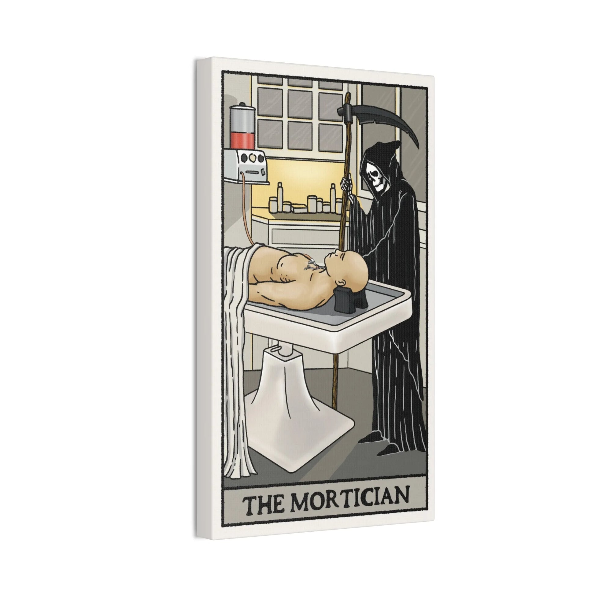 "The Mortician" Tarot Card Canvas Art | Dark Humor Wall Decor | Unique Gothic Home Accent - Alternative Artwork,Dark Humor Print,Death Themed Gift,Eerie Art Piece,Funny Home Decor,Gothic Wall Art,Grim Reaper Art,Halloween Wall Art,Macabre Design,Mortician Decor,Spooky Living Room,Unique Canvas Art,Unusual Wall Decor Canvas