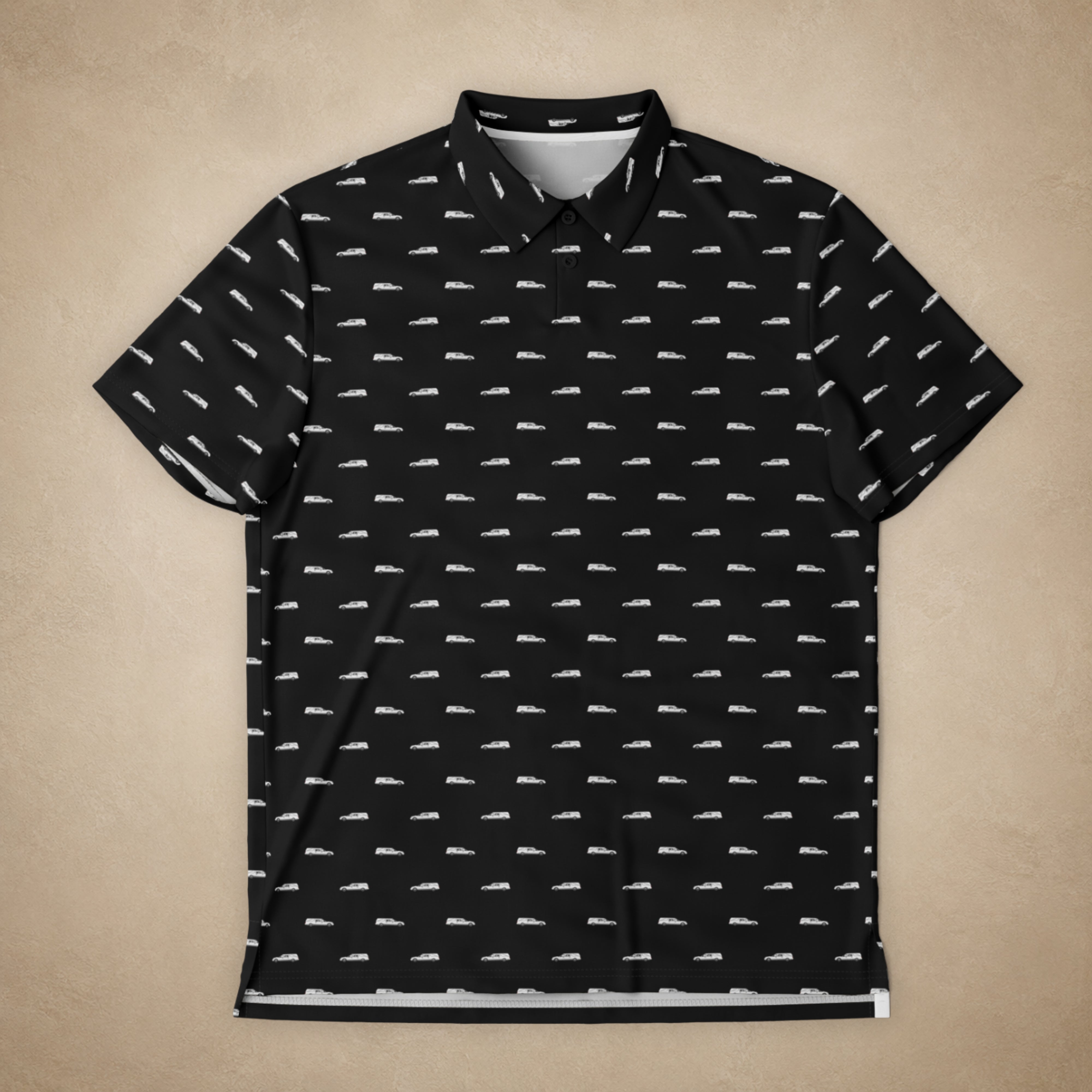 White Hearse on Black Golf Polo | Drop Dead Threads