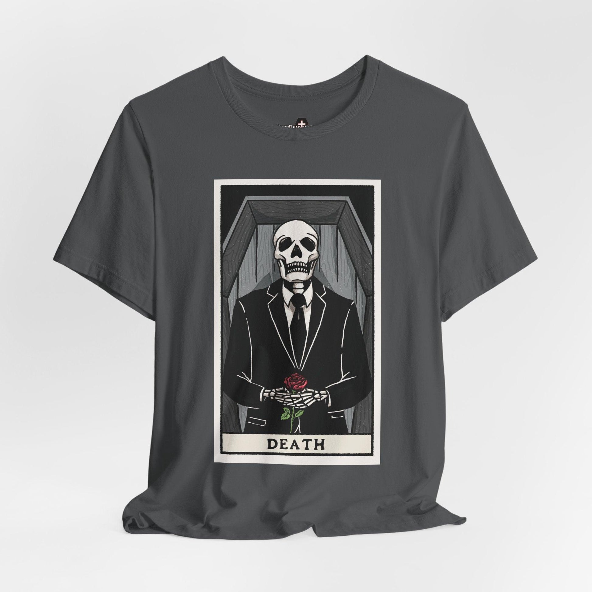 Death Tarot Card - Tee - casket, cemetery, coffin, embalmer, embalming, funeral director, goth, Mortician, mortuary science, rose, tarot card T-Shirt