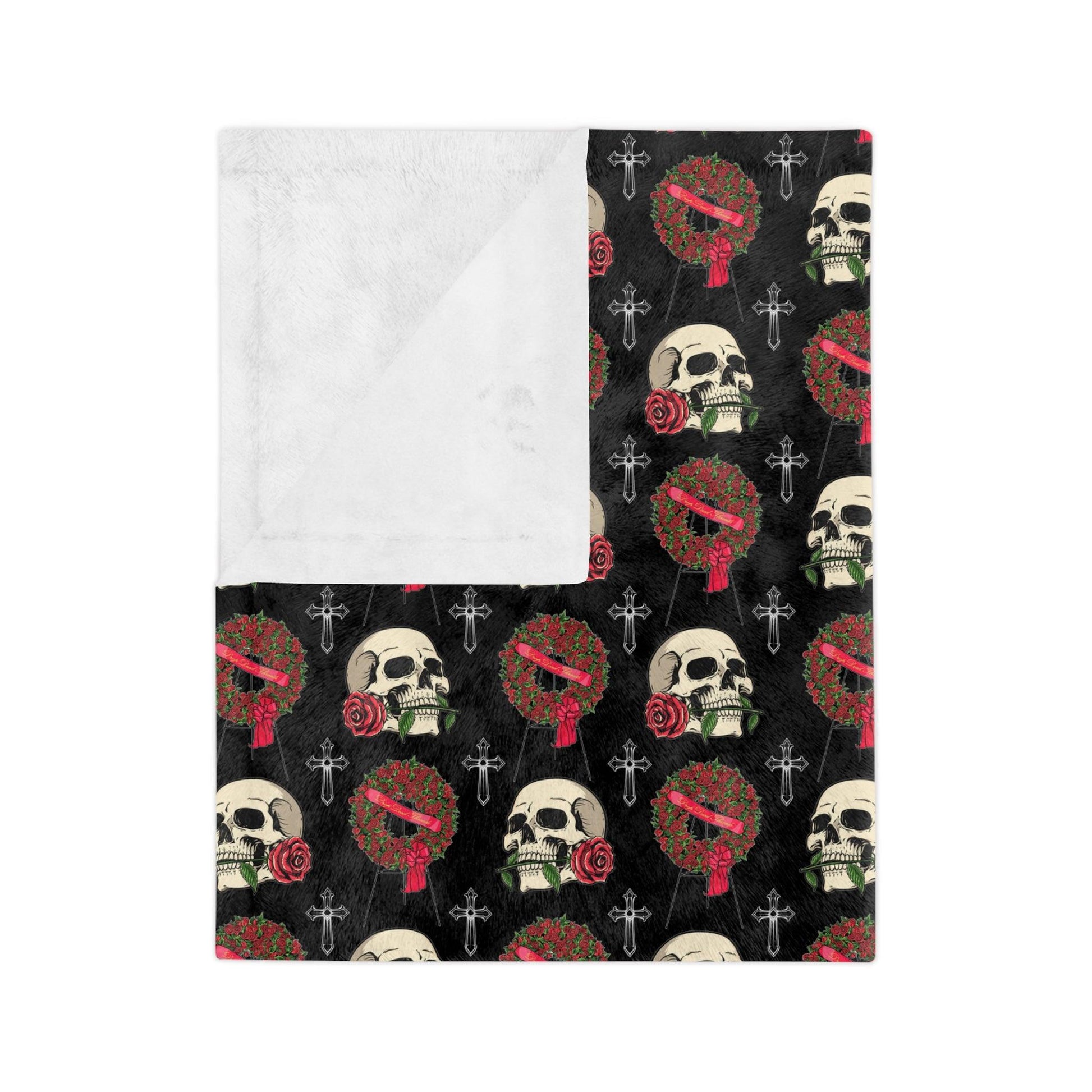 Skull & Red Rose Wreath - Velveteen Minky Throw Blanket - Blankets, flowers, funeral, funeral director, goth, Home & Living, mortician, roses, skeleton, skull Home Decor