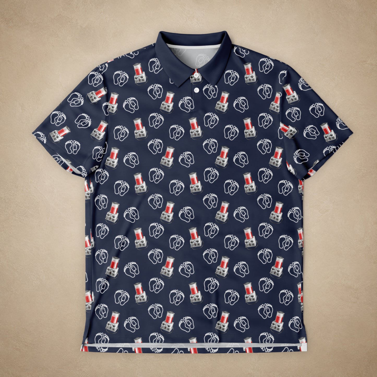 Navy blue polo shirt with graphic pattern on a beige background