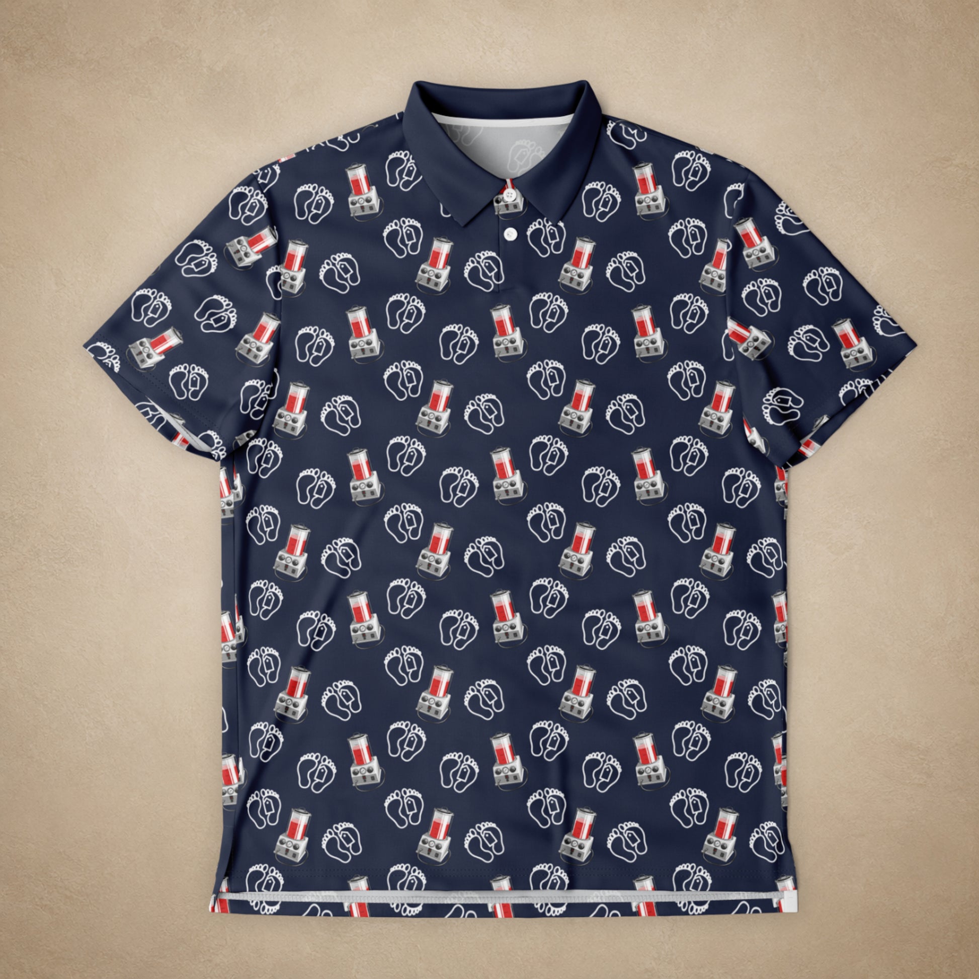 Navy blue polo shirt with graphic pattern on a beige background
