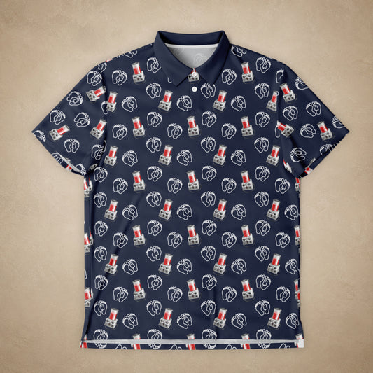 Navy blue polo shirt with graphic pattern on a beige background