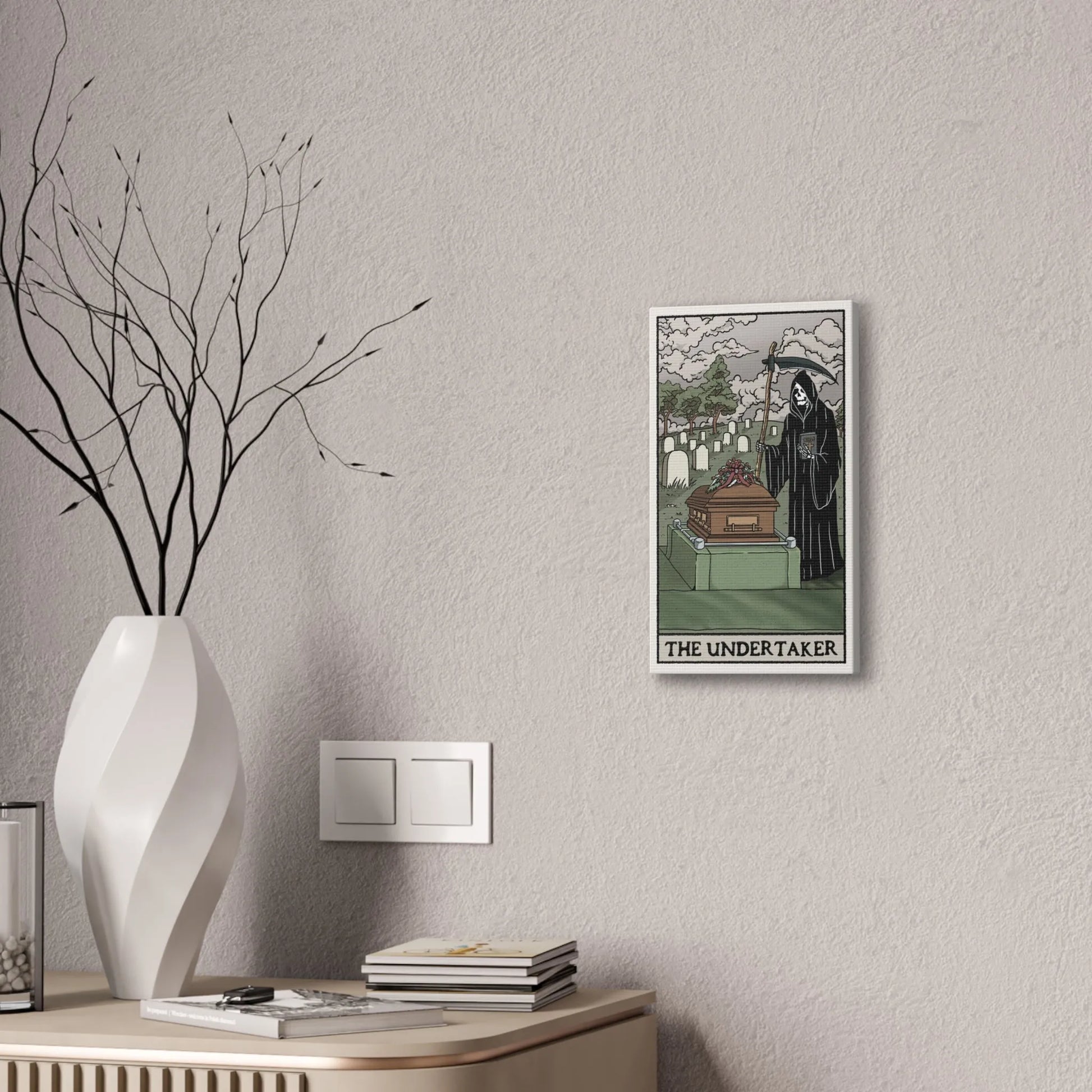 "The Undertaker" Tarot Card Canvas Art | Dark Humor Wall Decor | Unique Gothic Home Accent - Alternative Artwork,Dark Humor Print,Death Themed Gift,Eerie Art Piece,Funny Home Decor,Gothic Wall Art,Grim Reaper Art,Halloween Wall Art,Macabre Design,Mortician Decor,Spooky Living Room,Unique Canvas Art,Unusual Wall Decor Canvas
