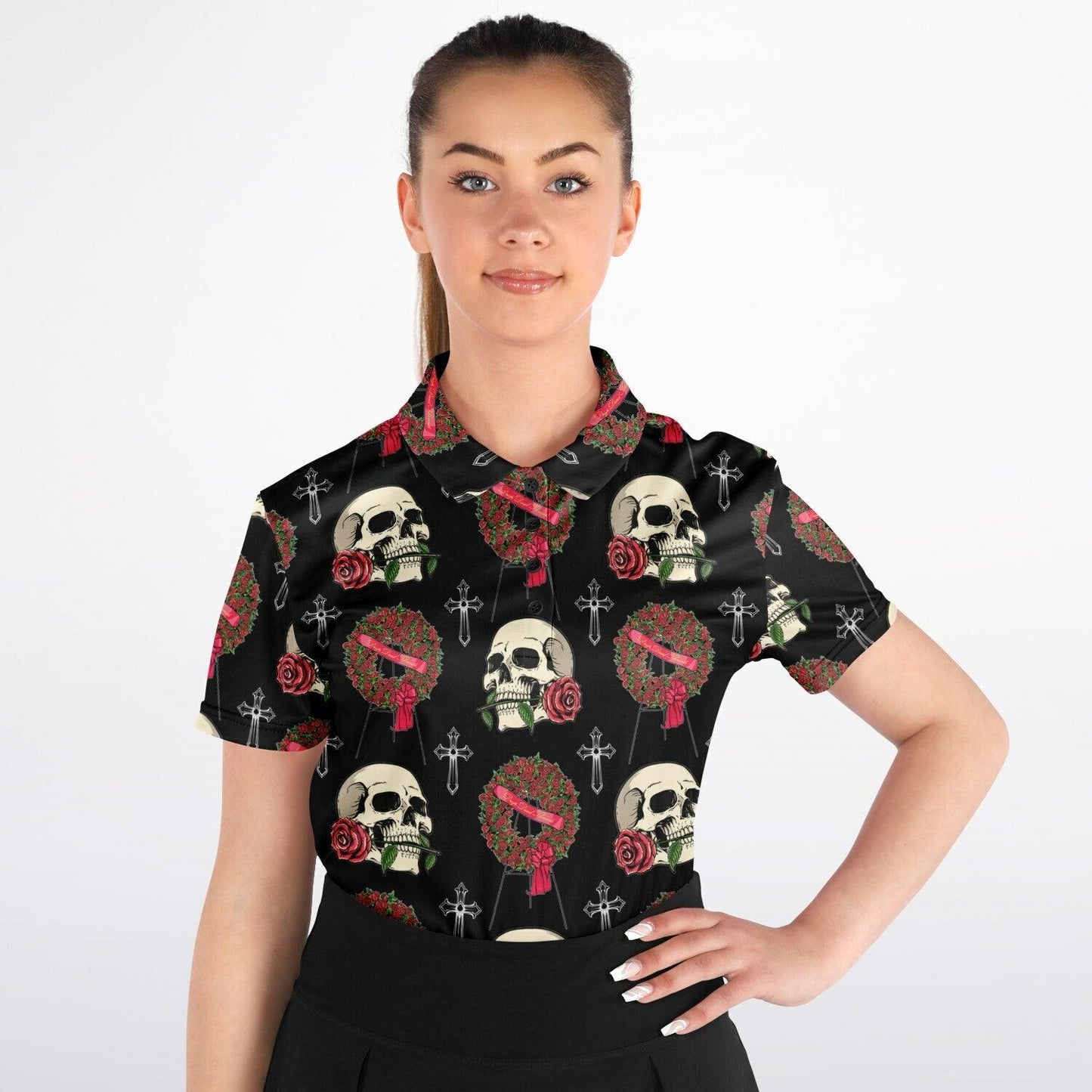 Skull & Red Rose Wreath - Golf Polo Shirt - flowers, funeral director, funeral flowers, mortician, roses, skull, skulls Polo Shirt