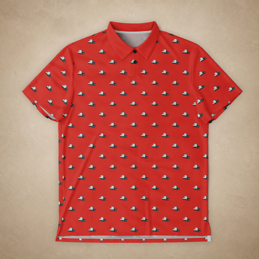 Red polo shirt with black and white pattern on a beige background
