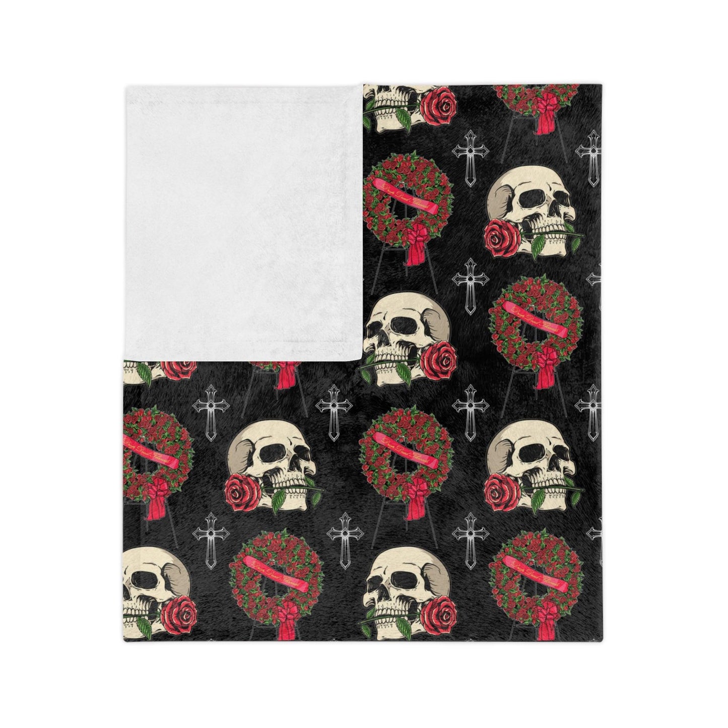 Skull & Red Rose Wreath - Velveteen Minky Throw Blanket - Blankets, flowers, funeral, funeral director, goth, Home & Living, mortician, roses, skeleton, skull Home Decor