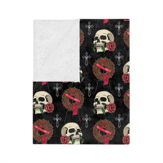 Skull & Red Rose Wreath - Velveteen Minky Throw Blanket - Blankets, flowers, funeral, funeral director, goth, Home & Living, mortician, roses, skeleton, skull Home Decor