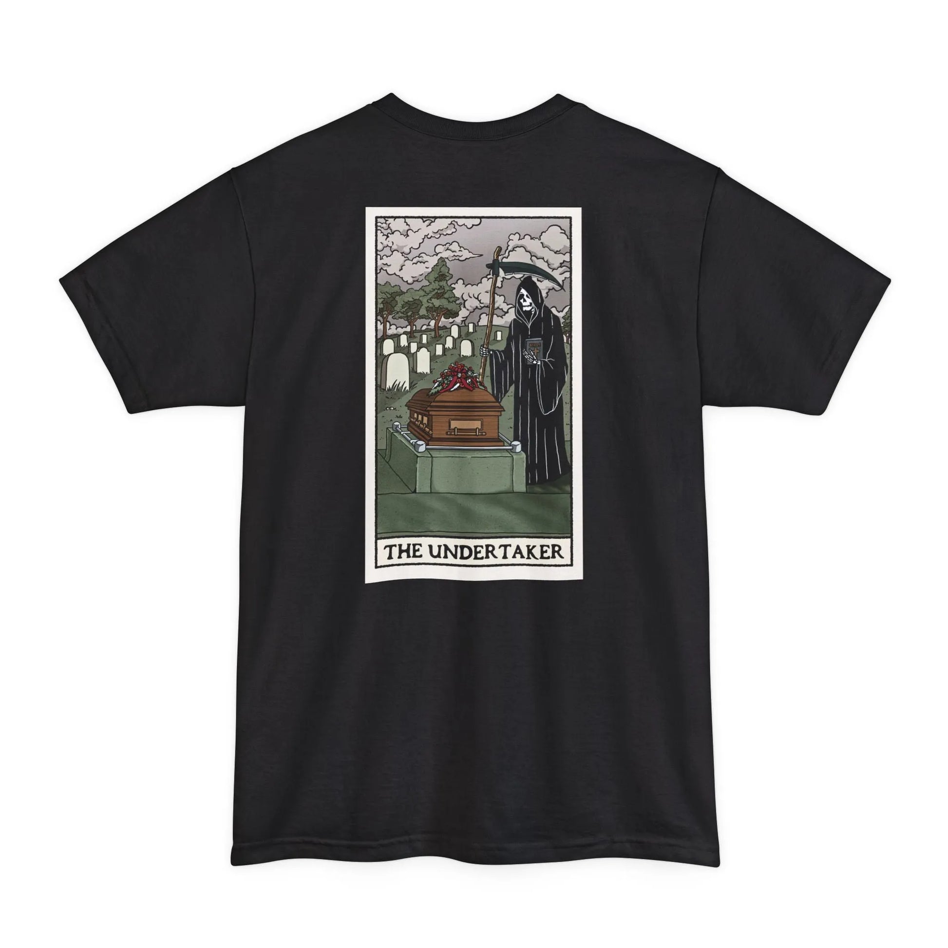 BIG & TALL "The Undertaker" Tarot Card - Tee - burial,cemetery,embalmer,funeral director,grave,Long body,mortician,skull,Tall,tarot T-Shirt