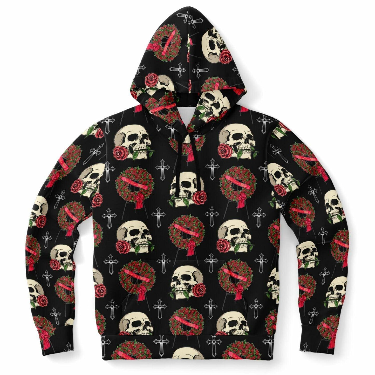 Skull and Red Rose Wreath - Hoodie - flowers, funeral, goth, mortician, roses, skeleton, skull Hoodie