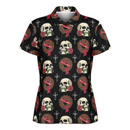 Skull & Red Rose Wreath - Golf Polo Shirt - flowers, funeral director, funeral flowers, mortician, roses, skull, skulls Polo Shirt