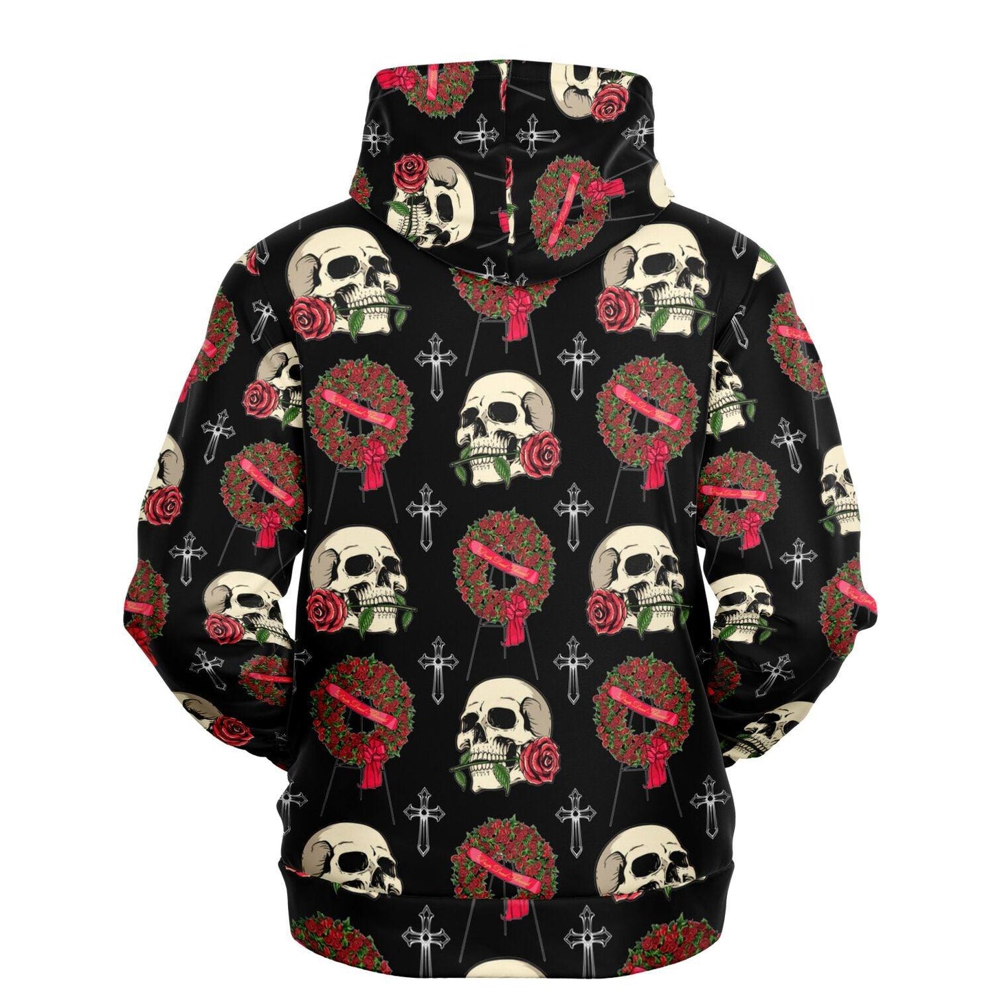 Skull and Red Rose Wreath - Hoodie - flowers, funeral, goth, mortician, roses, skeleton, skull Hoodie