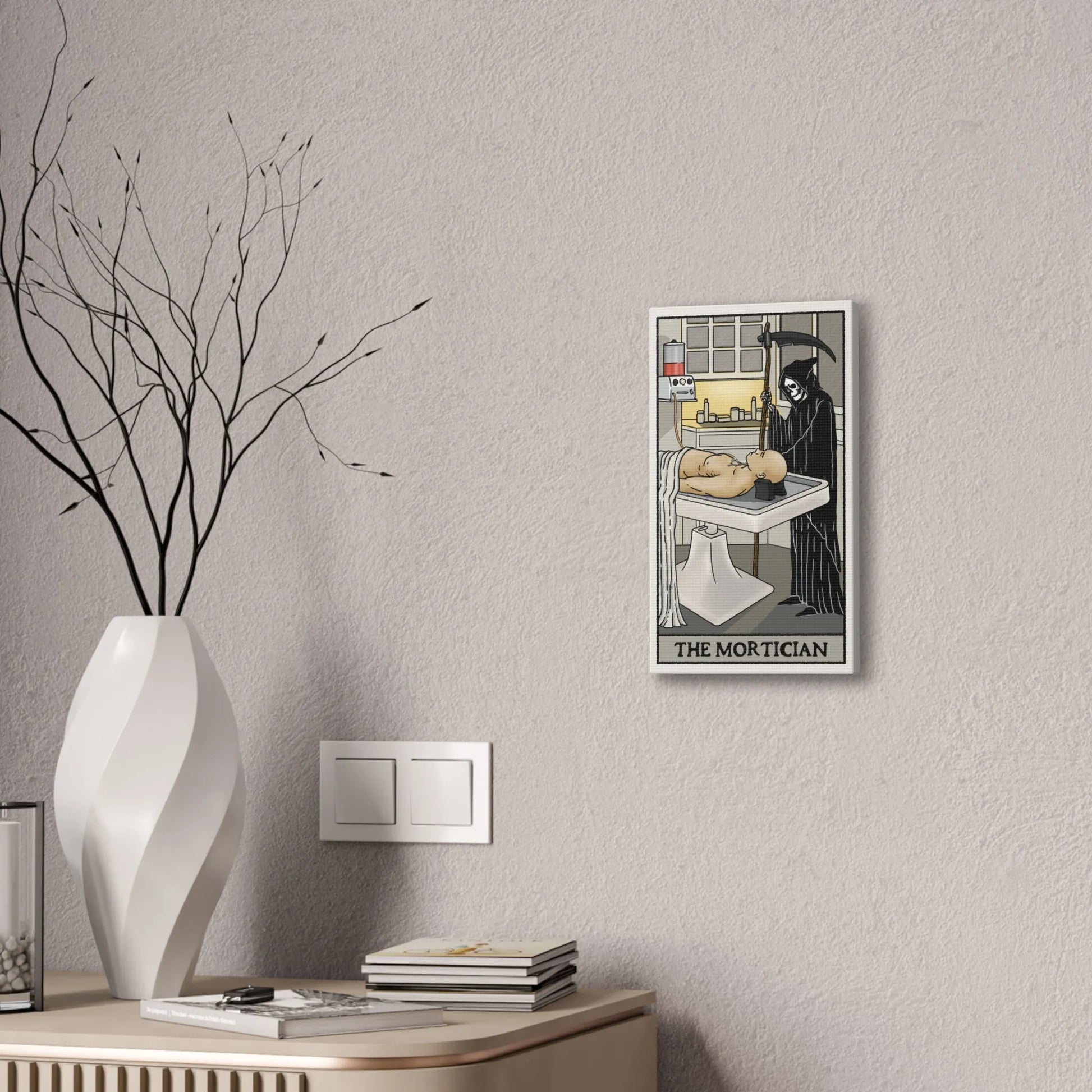 "The Mortician" Tarot Card Canvas Art | Dark Humor Wall Decor | Unique Gothic Home Accent - Alternative Artwork,Dark Humor Print,Death Themed Gift,Eerie Art Piece,Funny Home Decor,Gothic Wall Art,Grim Reaper Art,Halloween Wall Art,Macabre Design,Mortician Decor,Spooky Living Room,Unique Canvas Art,Unusual Wall Decor Canvas