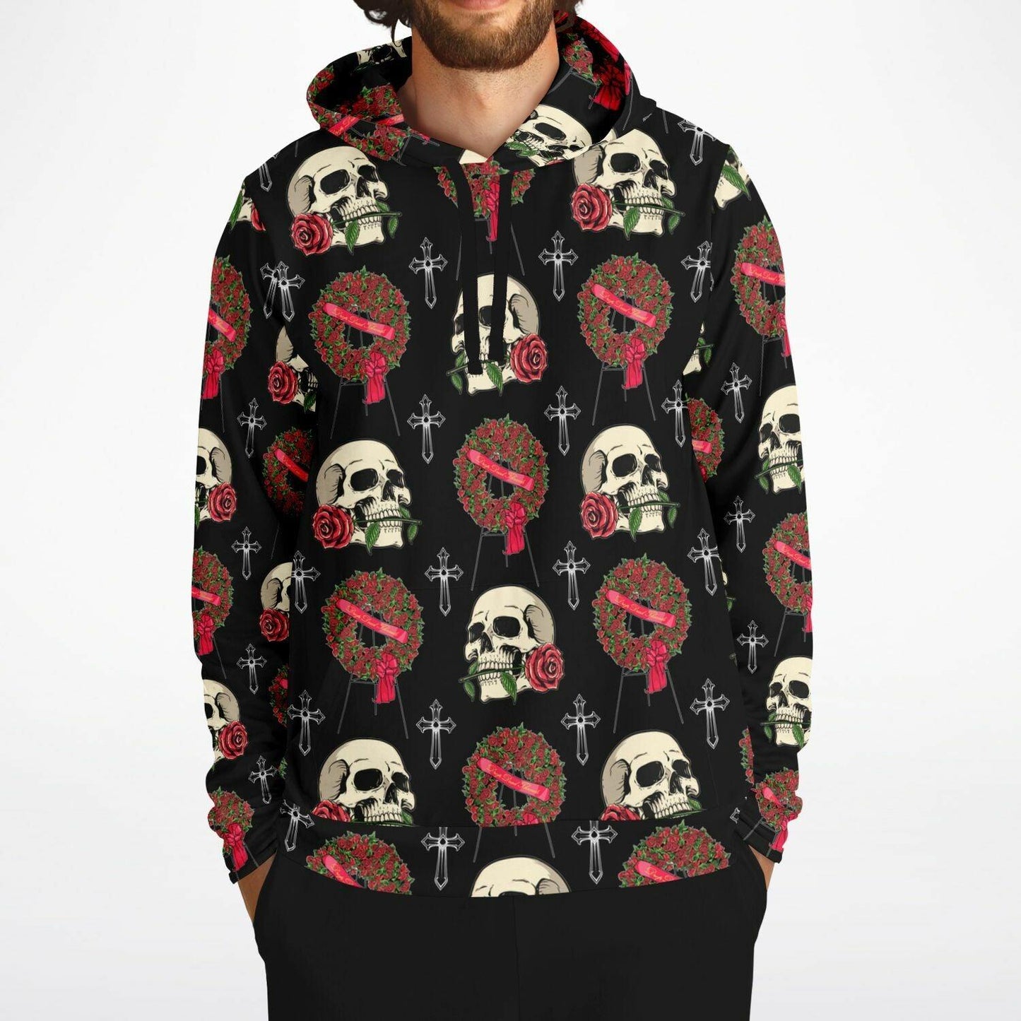 Skull and Red Rose Wreath - Hoodie - flowers, funeral, goth, mortician, roses, skeleton, skull Hoodie