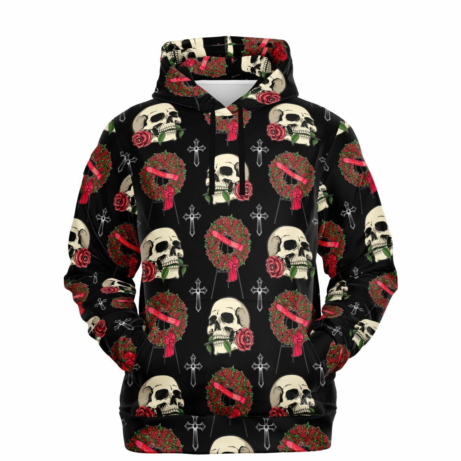 Skull and Red Rose Wreath - Hoodie - flowers, funeral, goth, mortician, roses, skeleton, skull Hoodie