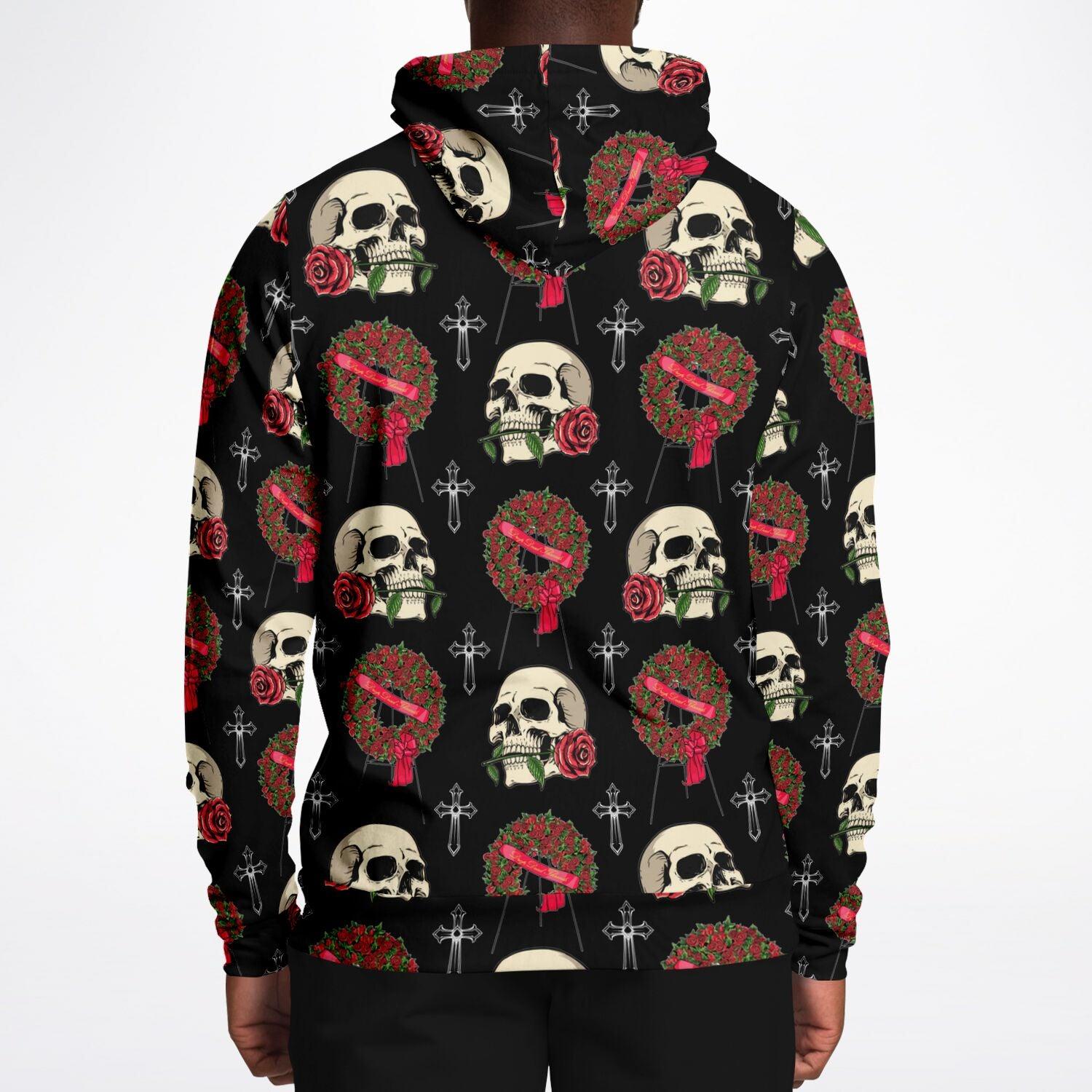 Skull and Red Rose Wreath - Hoodie - flowers, funeral, goth, mortician, roses, skeleton, skull Hoodie