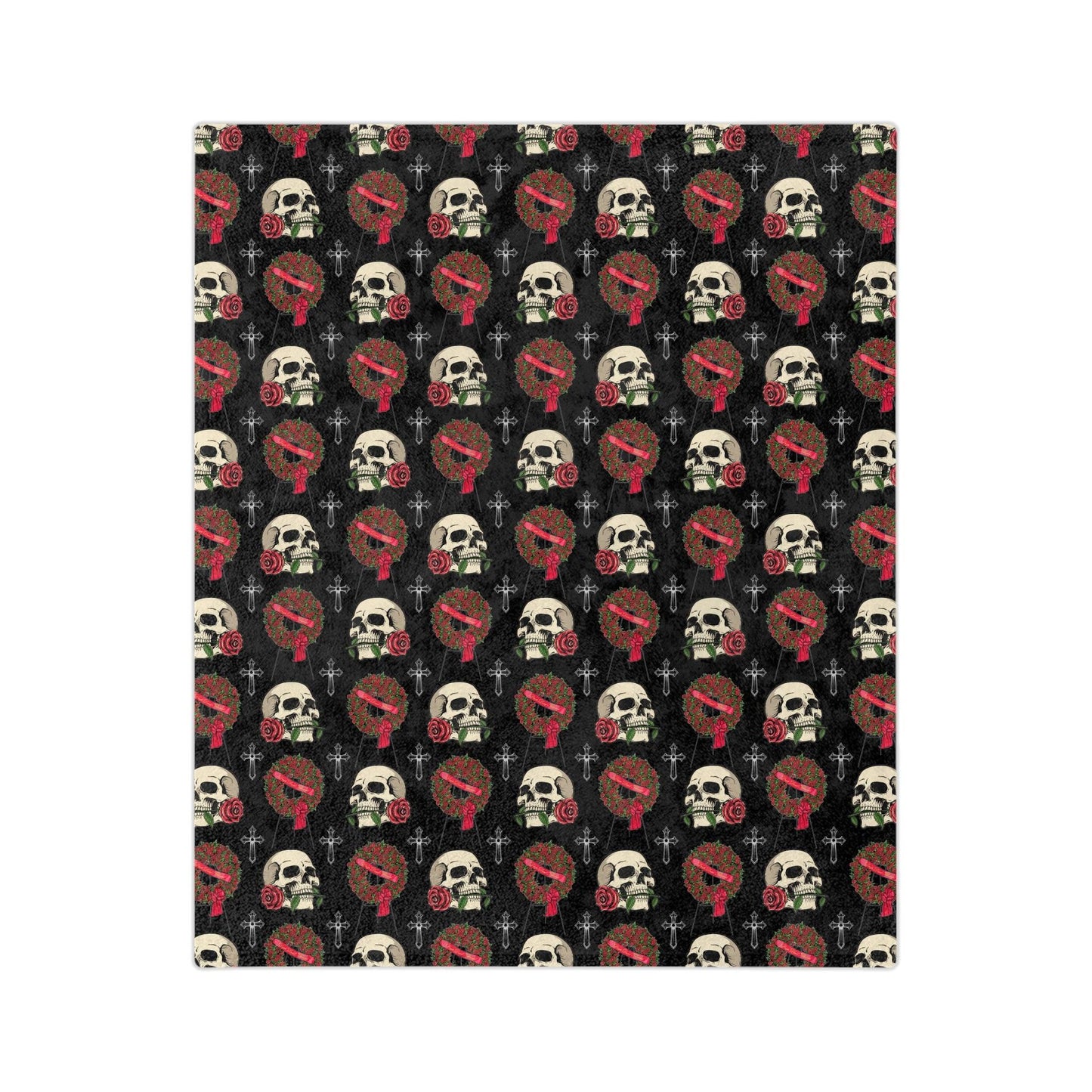 Skull & Red Rose Wreath - Velveteen Minky Throw Blanket - Blankets, flowers, funeral, funeral director, goth, Home & Living, mortician, roses, skeleton, skull Home Decor