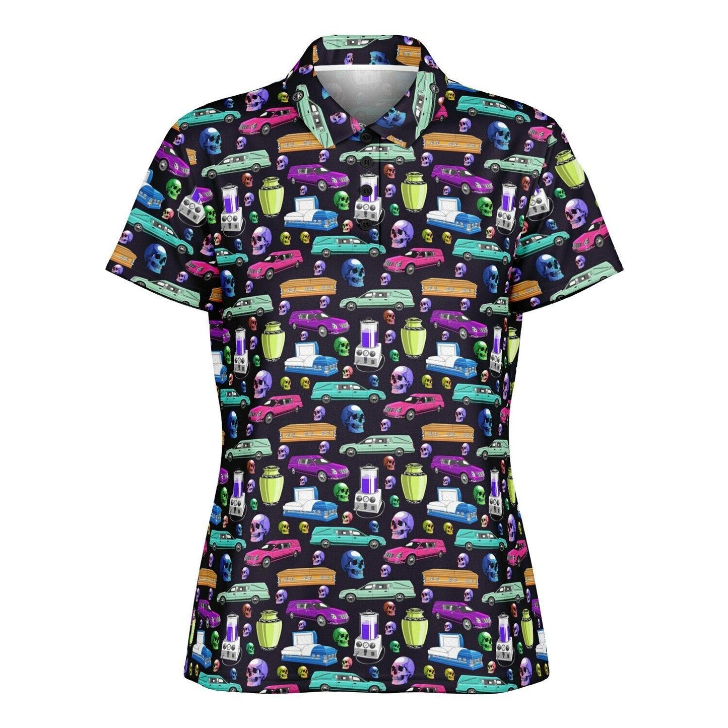 Death of the Party on Dead Purple - Golf Polo - Casket, coach, Coffin, embalmer, embalming machine, Funeral, Hearse, mortician, skull, skulls, Urn Polo Shirt