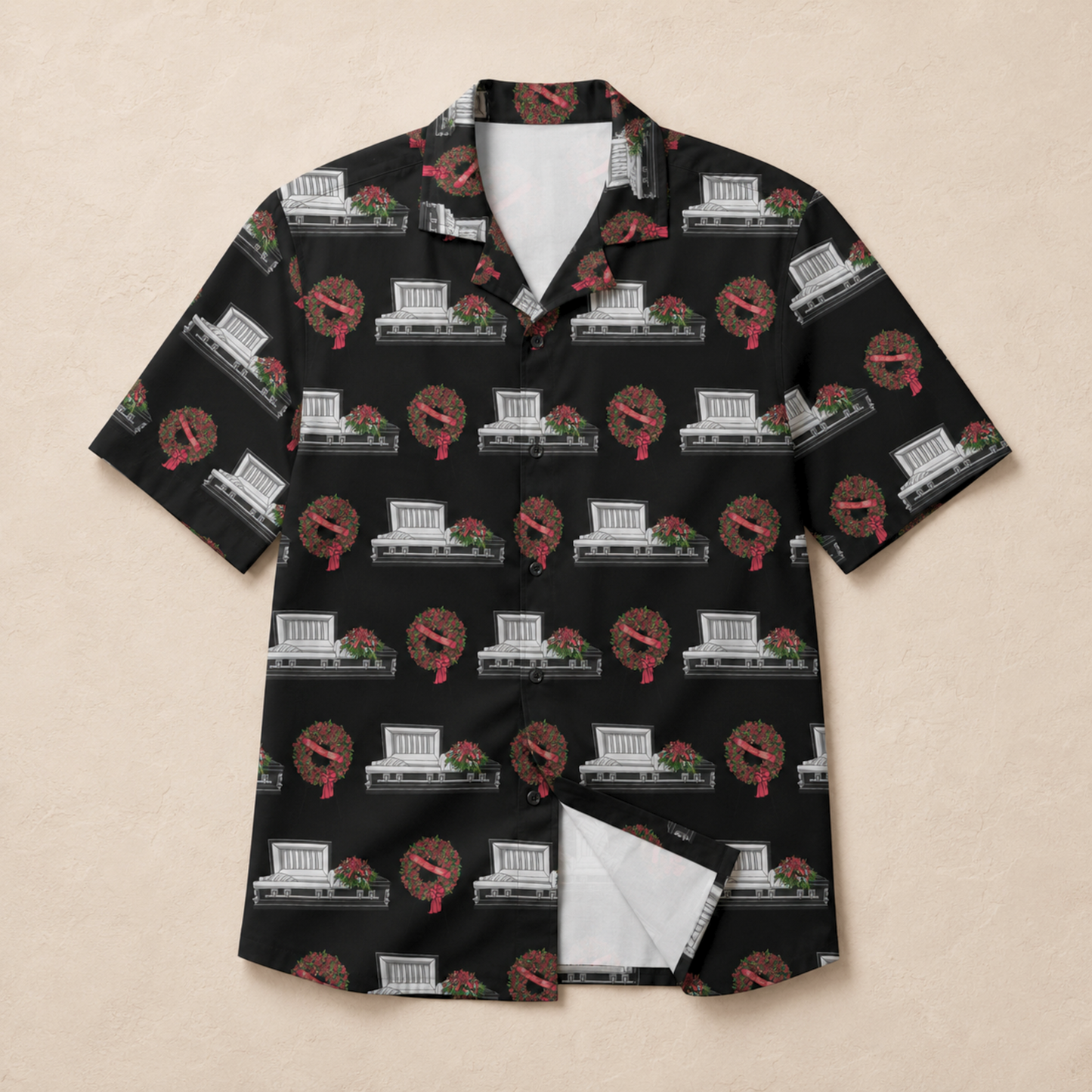 Black Casket & Red Rose Wreath on Black - Hawaiian Shirt