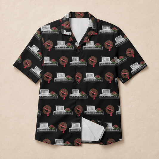 Black Casket & Red Rose Wreath on Black - Hawaiian Shirt