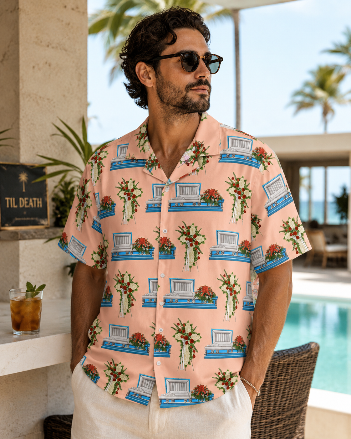 Light Blue Casket & Mum Cross on Light Pink Salmon - Hawaiian Shirt