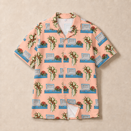 Light Blue Casket & Mum Cross on Light Pink Salmon - Hawaiian Shirt