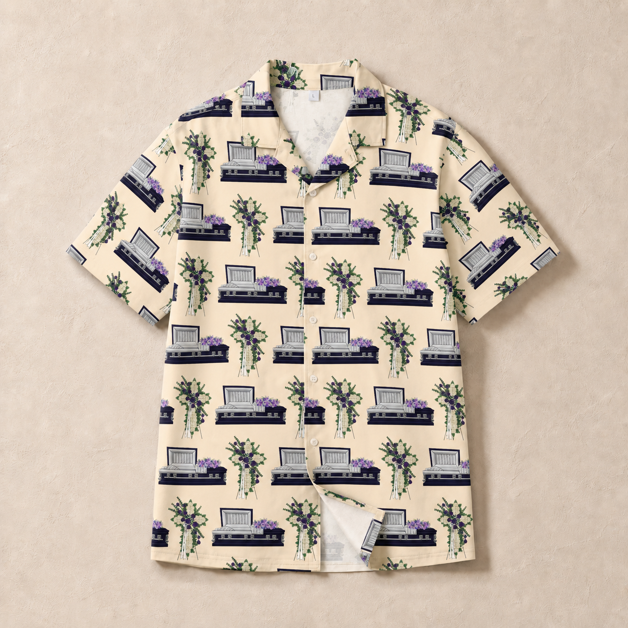 Dark Purple Casket & Mum Cross on Papaya Whip - Hawaiian Shirt