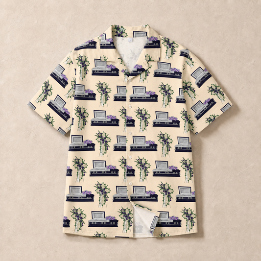 Dark Purple Casket & Mum Cross on Papaya Whip - Hawaiian Shirt