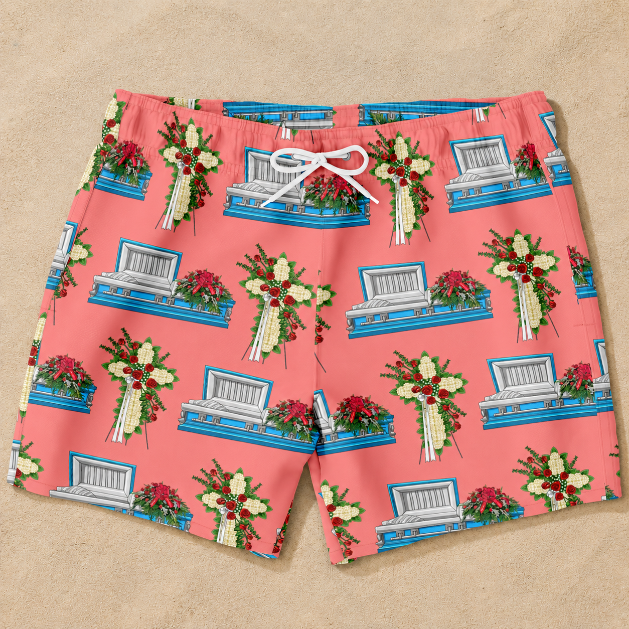 Light Blue Casket and Mum Cross on Light Coral - Swim Trunks