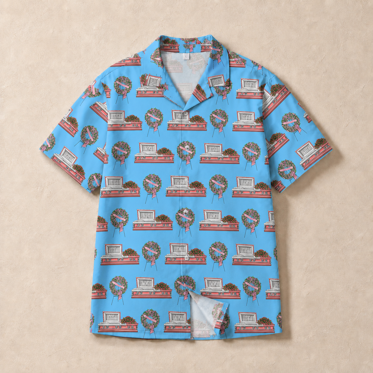 Pink Casket & Rose Wreath on Baby Blue - Hawaiian Shirt