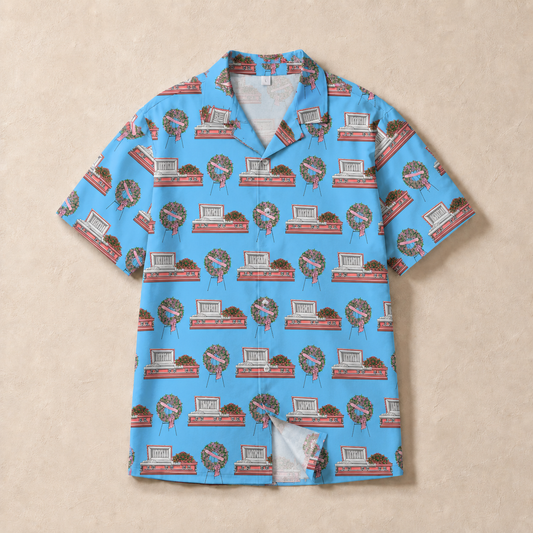 Pink Casket & Rose Wreath on Baby Blue - Hawaiian Shirt