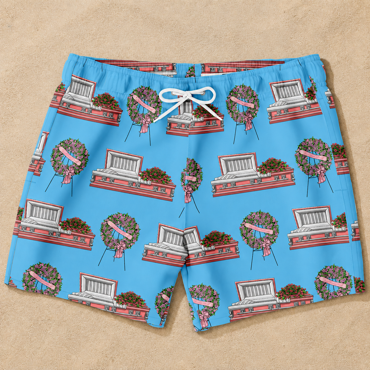 Pink Casket and Wreath on Baby Blue - Swim Trunks