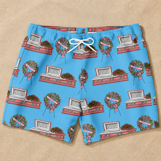 Pink Casket and Wreath on Baby Blue - Swim Trunks